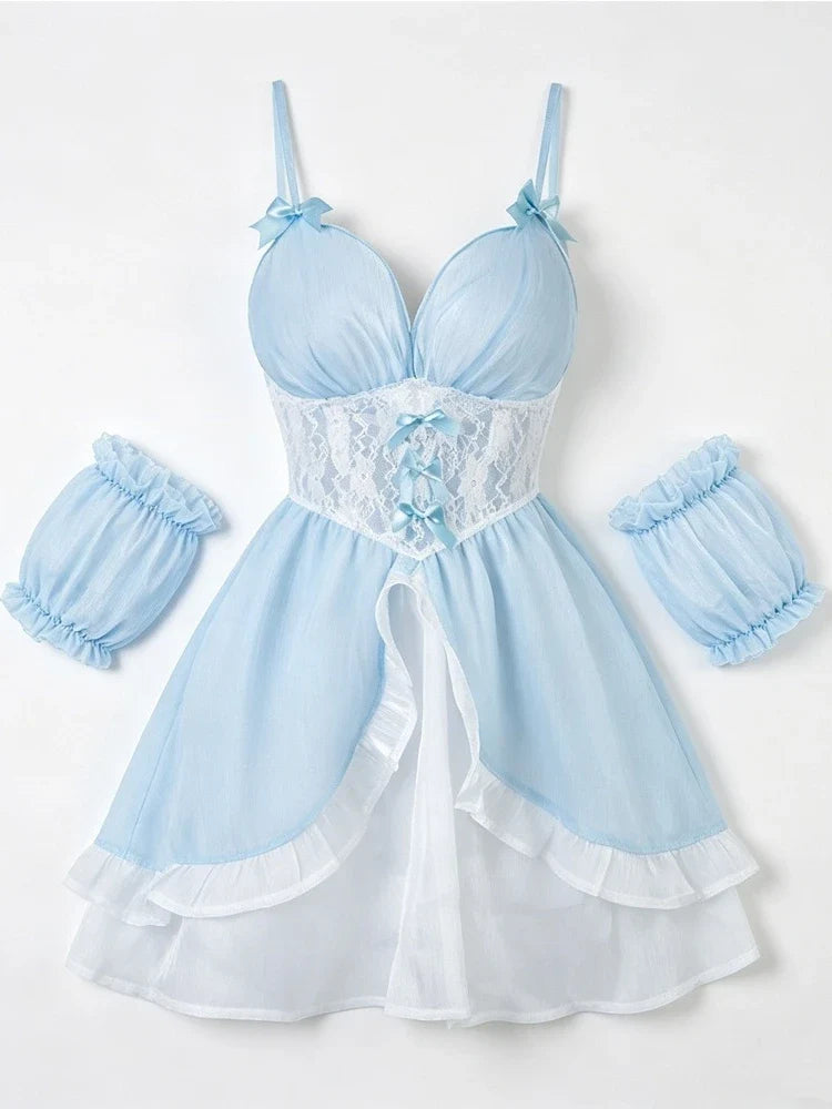 Light Blue Chiffon Princess Nightgown Sets Bow Decor Tiered Skirt Detachable Arm Cuffs Sweet Suspender Homewears
