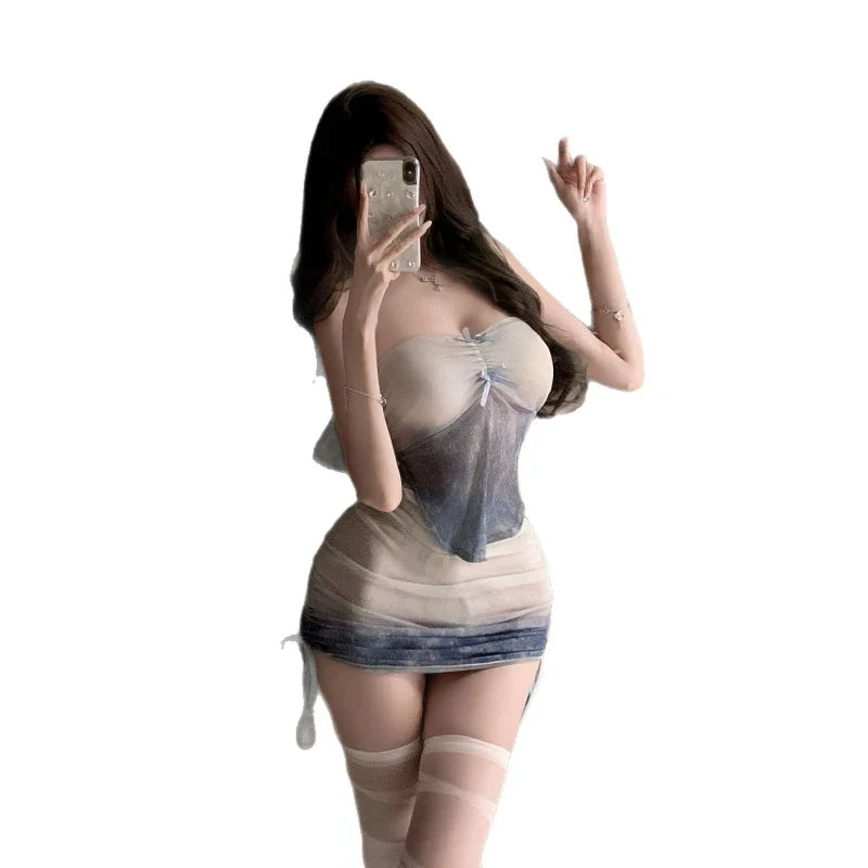 French Style Backless Top Seductive Slim Fit Short Skirt Cute Bow Costumes Lingerie Set