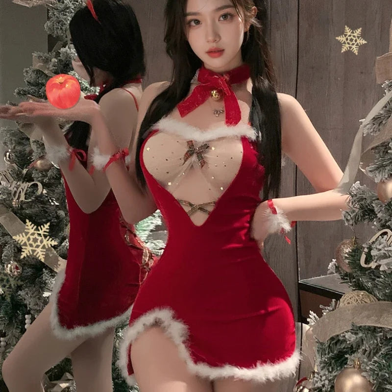 Skirt Christmas Red Costumes Bow Lingerie Sweet Nightgowns Soft Velvet Plush Elk Deer Cosplay Santa Claus Sling Dress