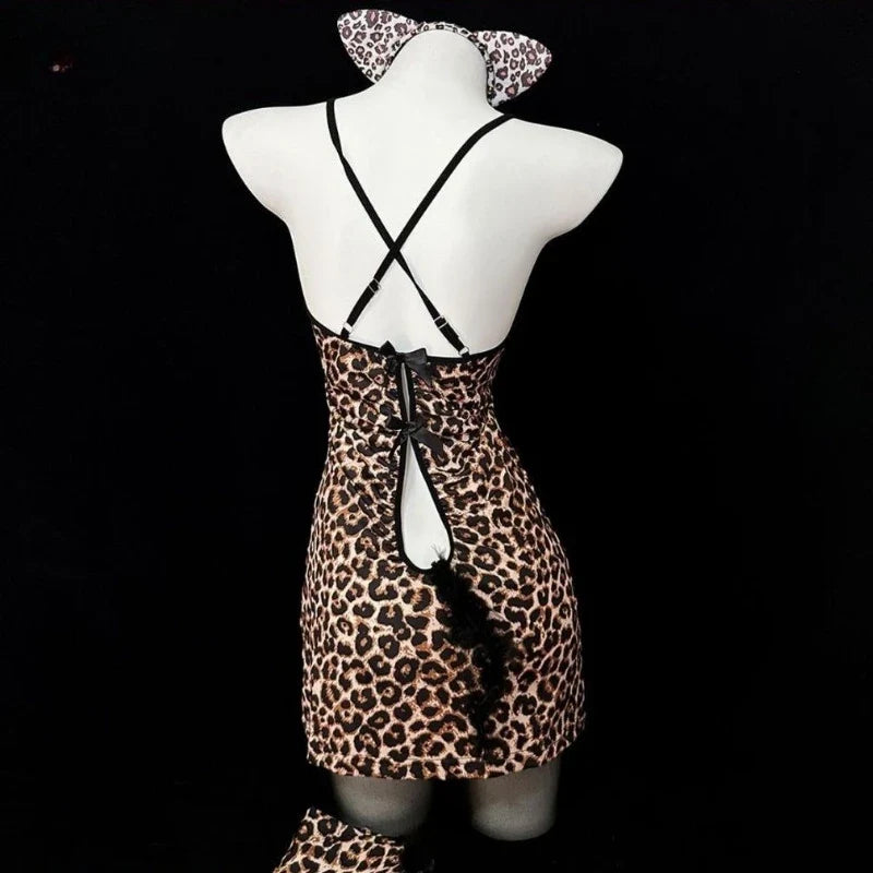 Erotic Lingerie Lace Leopard Print Hip Hugging Skirt Charm Hollowed-out Backless V-neck Nightgown