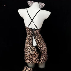 Erotic Lingerie Lace Leopard Print Hip Hugging Skirt Charm Hollowed-out Backless V-neck Nightgown