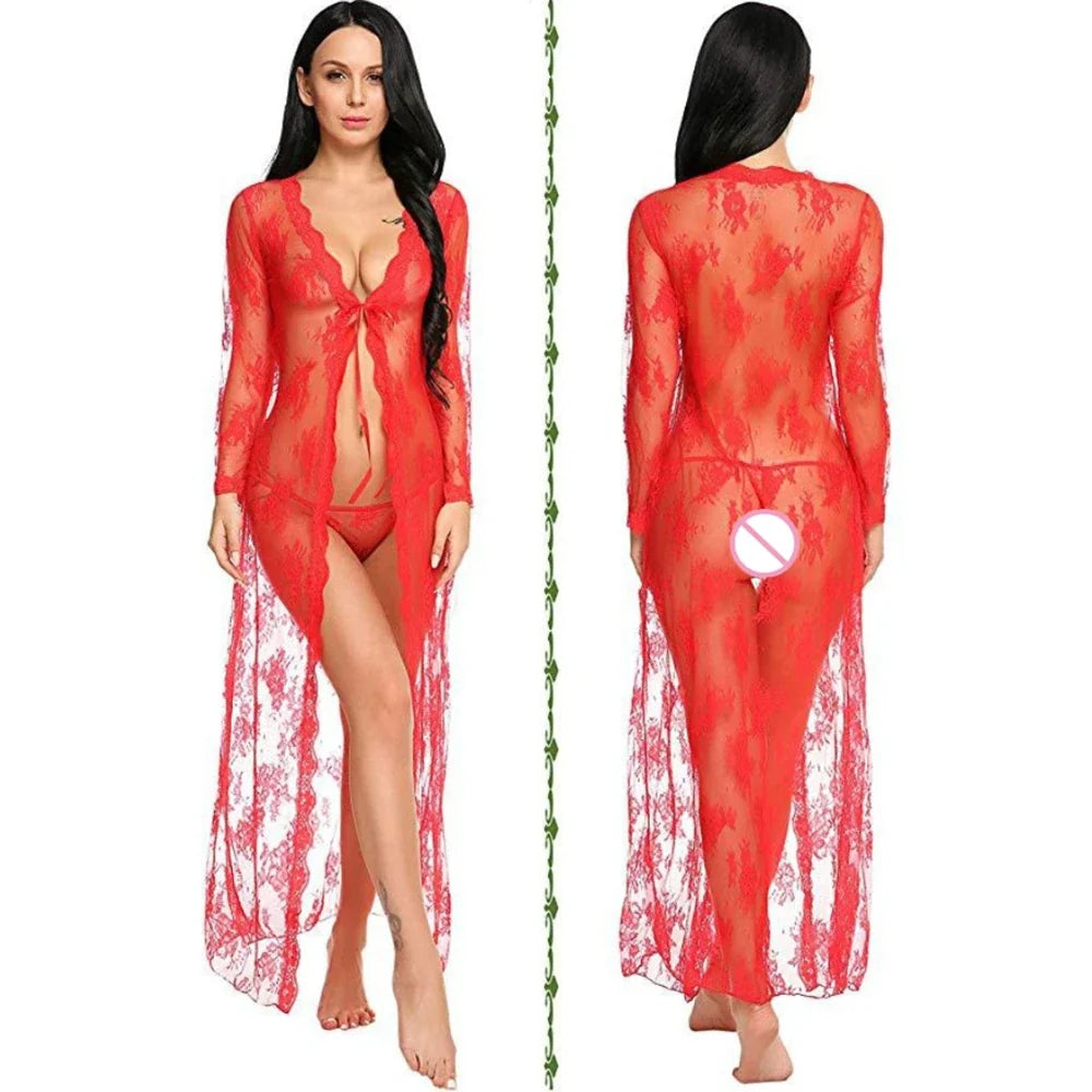 Sheer Floral Lace Robe Long Sleeve Deep V-Neck Open Front Maxi Nightgowns Sets Lingeries