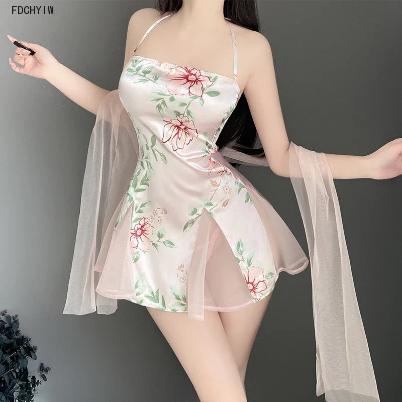 Lingerie Temptation Printed Traditional Bandage Slim Fit Cheongsam Style Pink