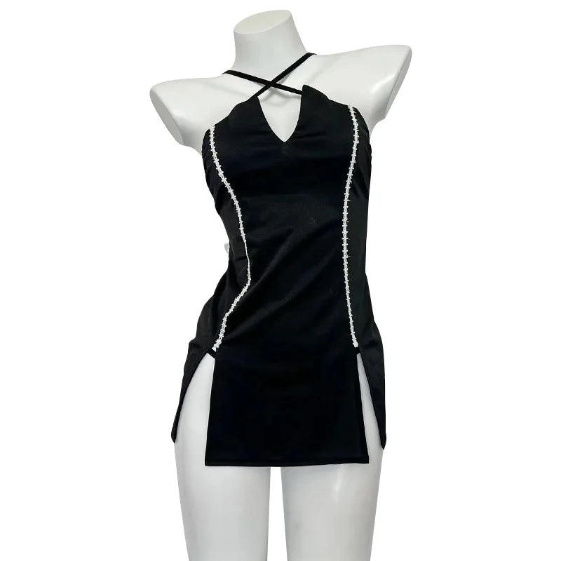 Suspender Hollow Out Nightclub Queen Roleplay Outfit Romantic Nightgown Erotic Lingerie Side Slit Skirt