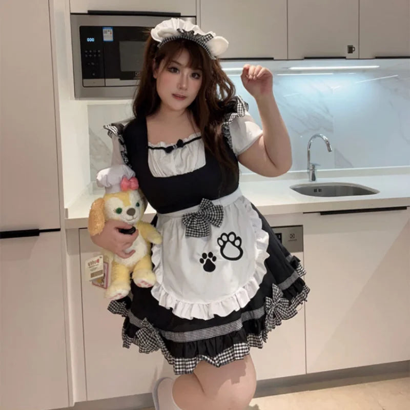 Sweet Maid Cat Halloween Waitress Role Play Kawaii Plus Size Party Black White Plaid Lolita Princess COS