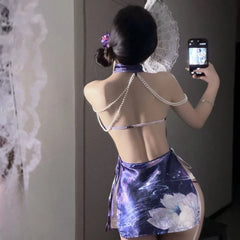 Traditional Style Cheongsam Skirt Lingerie Pearl Hanging Neck Strap Split Porno Exotic Costumes