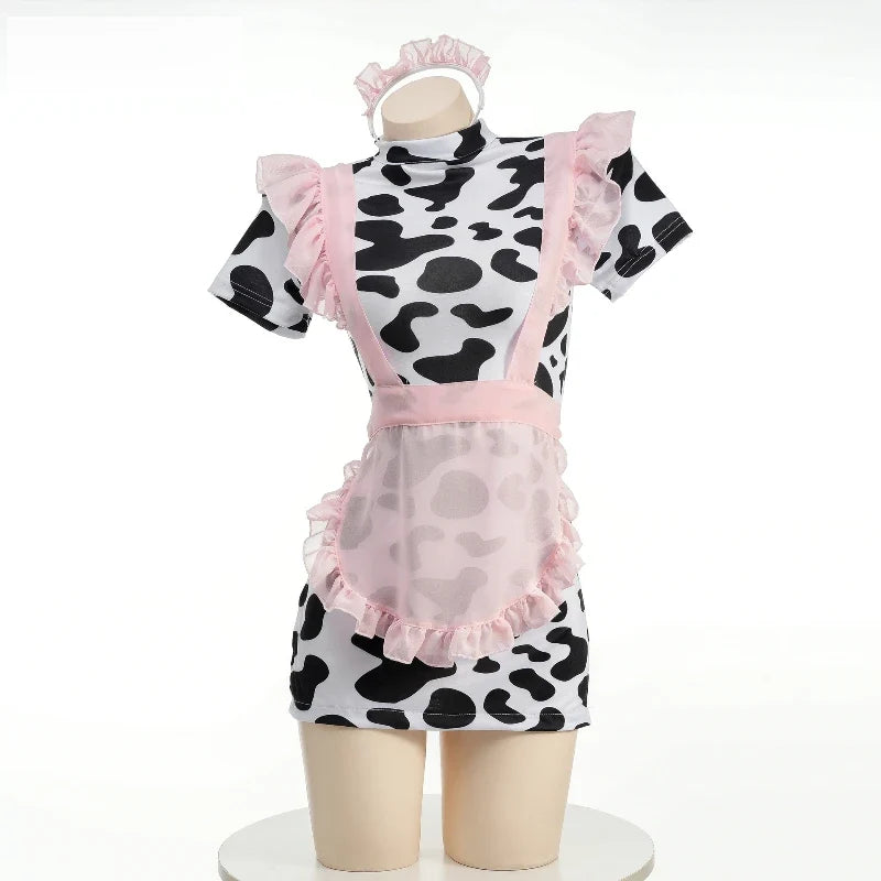 Cute Cow Maid Outfit Lingerie Cosplay Temptation Headwear Apron Set