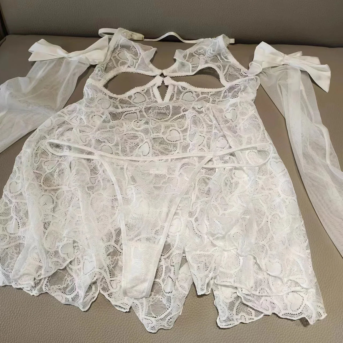 Gloves Halter Nightgowns White Black Lolita Night Wear Sleepwear Mesh Lace Embroidery See Through Lingerie