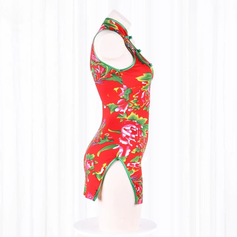 Traditional Cheongsam Ancient Floral Pajamas Slim Fit Retro Short Skirt Adult Sleeping Skirt