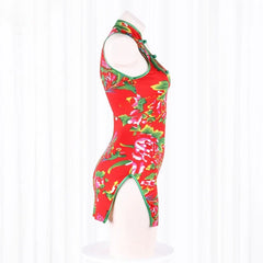 Traditional Cheongsam Ancient Floral Pajamas Slim Fit Retro Short Skirt Adult Sleeping Skirt