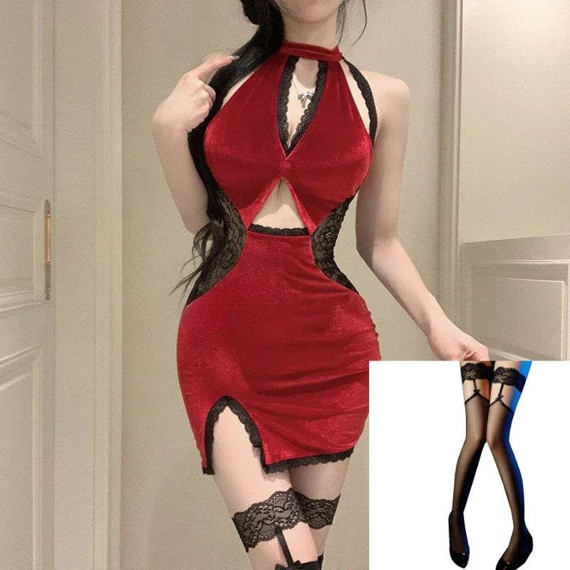 Lingerie Pure Desire Cheongsam Lace Seduction Nightclub Traditional Pajamas Set