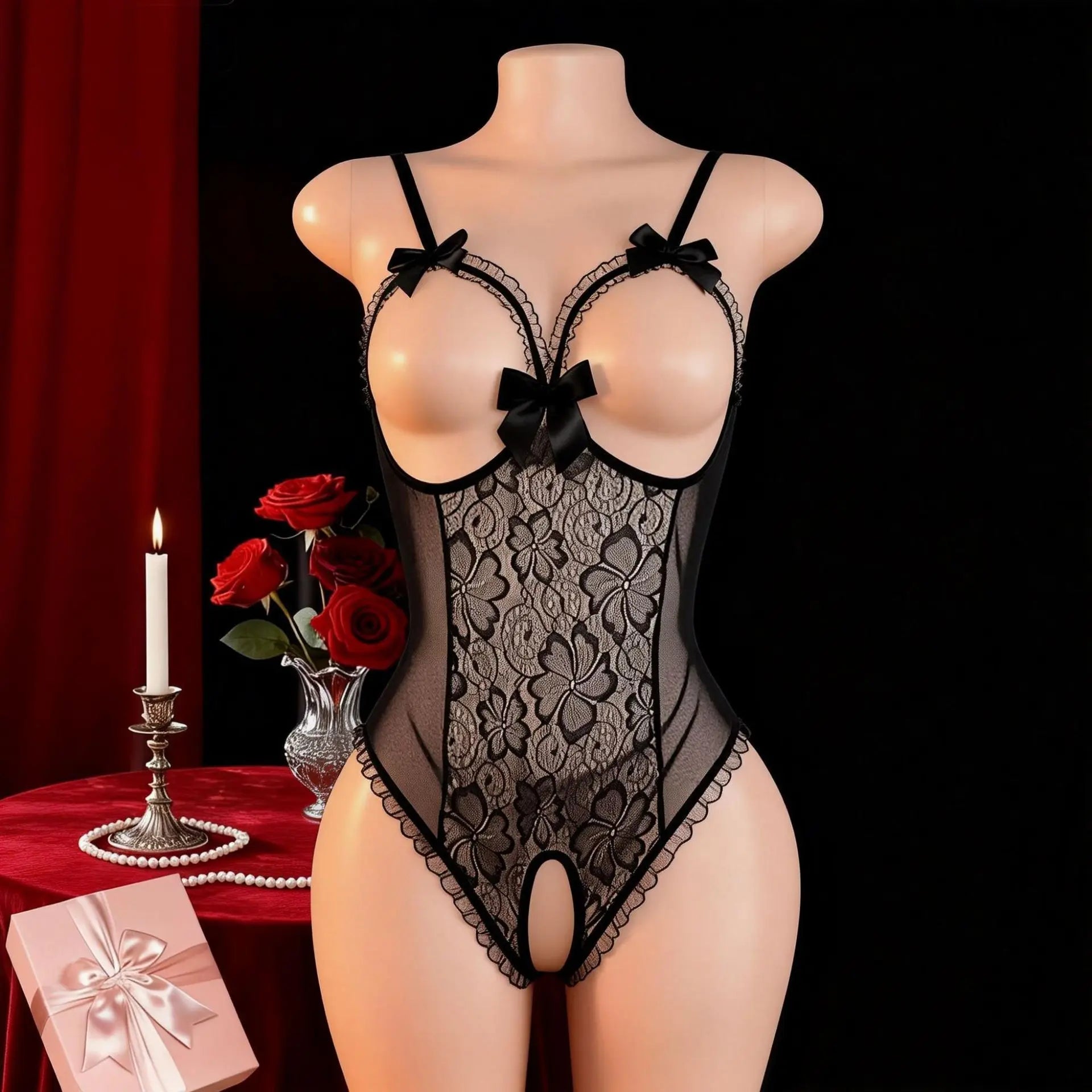Bodysuit Lace Lingerie Backless V Neck Sheer Catsuit Stockings