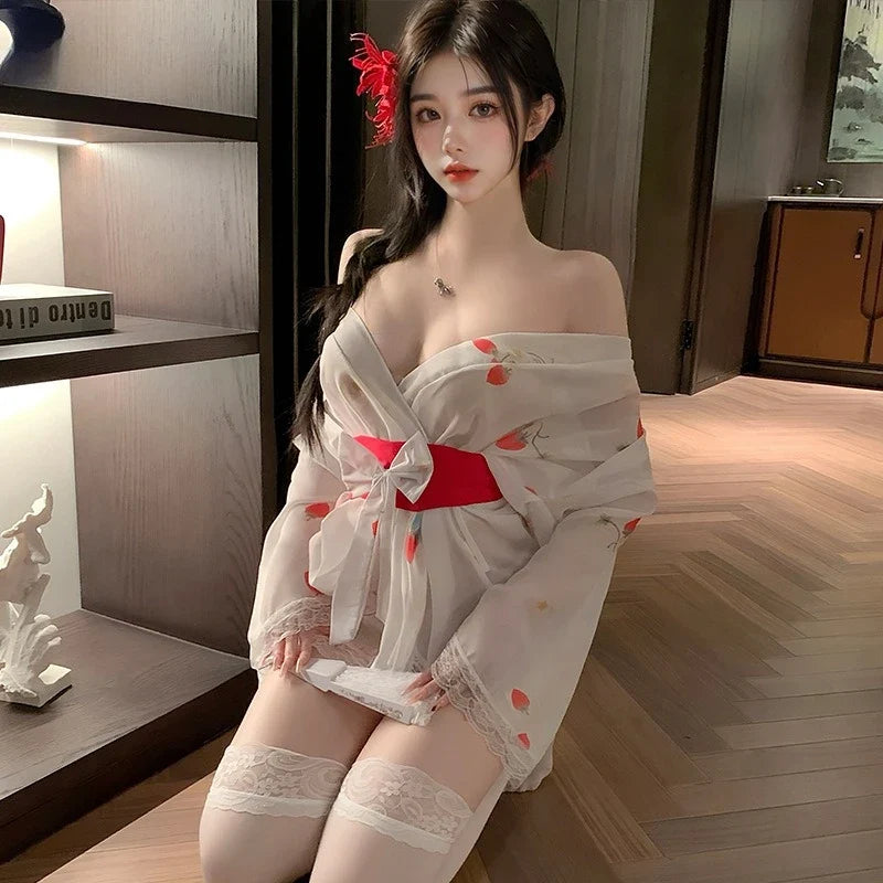 Transparent Style Strawberry Print Kimono Seductive Lace Long Sleeves Bow Elegant Charm Nightgown Bathrobe