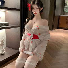 Transparent Style Strawberry Print Kimono Seductive Lace Long Sleeves Bow Elegant Charm Nightgown Bathrobe
