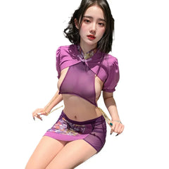 Style Cheongsam Skirt Hollow Out See-through Lingerie Tempting Porno Traditional Exotic Charm Costume