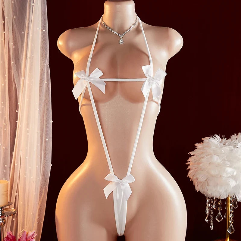 Porno Lingerie Hollow Underwear Hot Temptation Bodysuit Crotchless Perspective Open Bow Bra Erotic Costumes