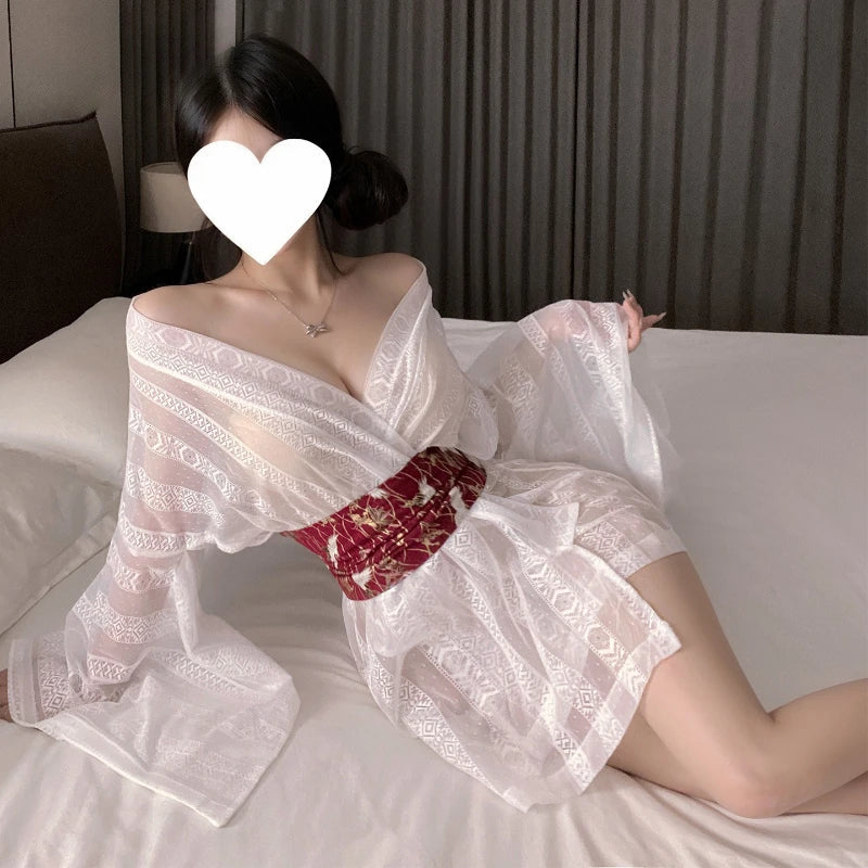 Style Kimono Bathrobes Yukata Nightgown See-through Pajamas Cosplay Night Club Party Adult Seduce Flirt Set