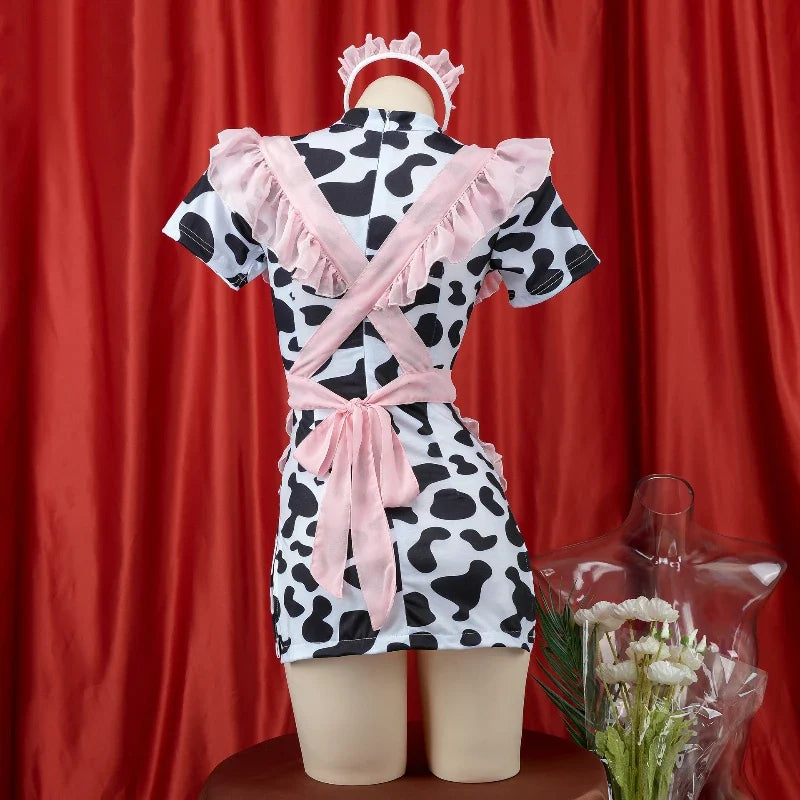 Cute Cow Maid Outfit Lingerie Cosplay Temptation Headwear Apron Set