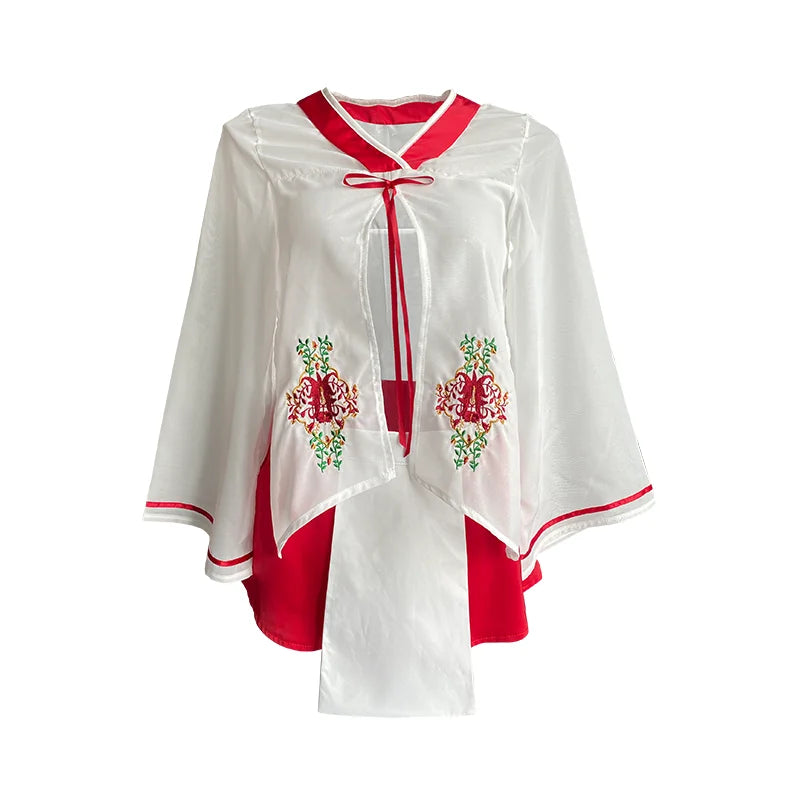 Chiffon Embroidery Kimono Hot Temptation Erotic Underwear Suit Cosplay Top Skirt Panties