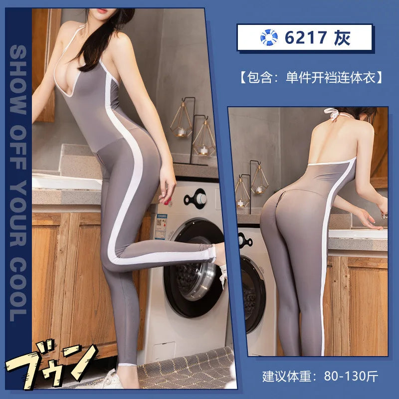 Zip Open Crotch Deep V Yoga Jumpsuit Lingerie Body Stocking Halter Porn Bodysuits Elasticity Mesh Pantyhose Cosplay Costume