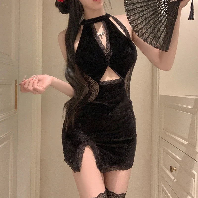 Lingerie Pure Desire Cheongsam Lace Seduction Nightclub Traditional Pajamas Set