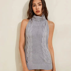 Sleeveless Turtleneck Cable Knit Backless Mini Virgin Killer Sweater Lingeries