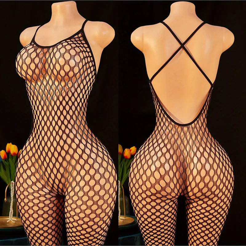 Hot Fishnet Bodysuit Crotchless Tights Perspective Lingerie Bodystockings Erotic Mesh Halter Sets