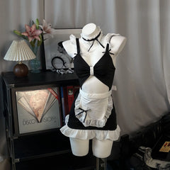 Lingerie Sweet Ruffle Maid Role-play Pure Desire Hollow Out Sling Cute  Bow Apron Set