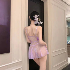 Polka Dot Perspective Mesh Nightgown Patchwork Pure Desire Erotic Lingerie Backless V-neck Sling Skirt Purple