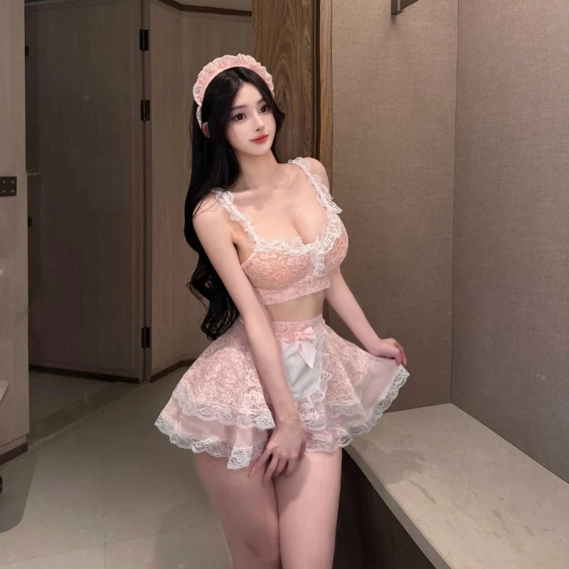 Lace Maid Roleplay Tempting Pure Desire Hollow Out Bra Sweet Cute Miniskirt Kawaii Servant Cosplay Costume