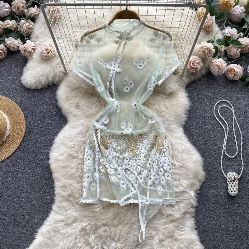 Cheongsam Panties Embroidery Lingerie Transparent Exotic Cosplay Costumes 5Colors