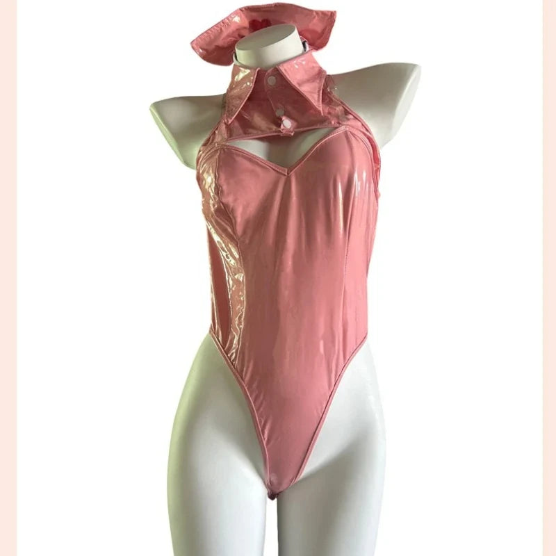 Kawaii Nurse Roleplay Jumpsuit Patent Leather Backless Hollow Out Bodysuit Playful Cosplay Lingerie Pink