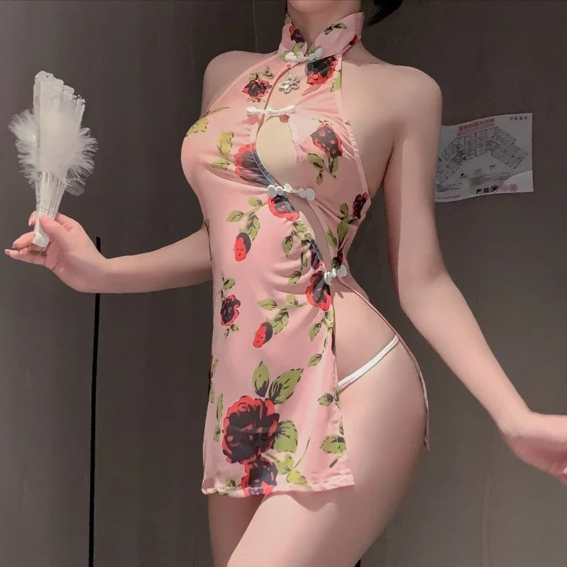 Style Cheongsam Lace Perspective Tradition Seductive Wrap Hip Skirt Lingerie Erotic Bar Party Sleepwear