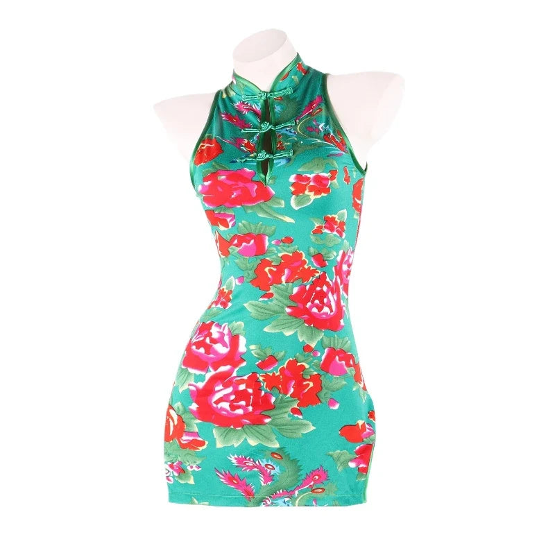 Traditional Cheongsam Ancient Floral Pajamas Slim Fit Retro Short Skirt Adult Sleeping Skirt
