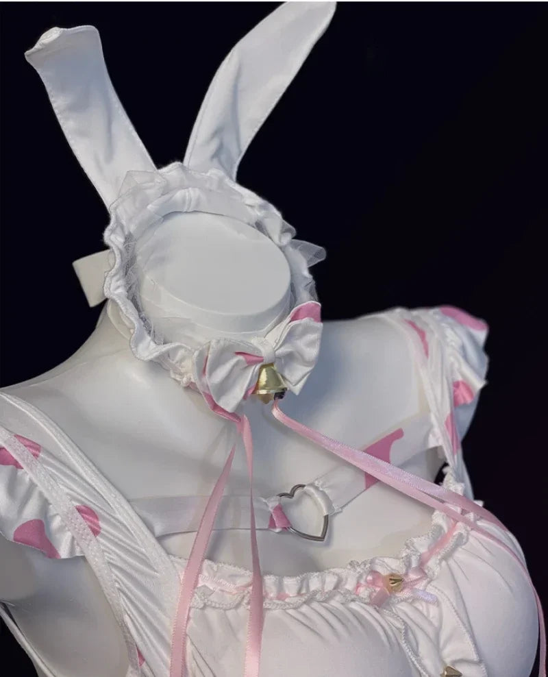 Bunny Cosplay Costumes Sweet Pink Lolita Cat Maid Halloween Cow Print Erotic Lingerie