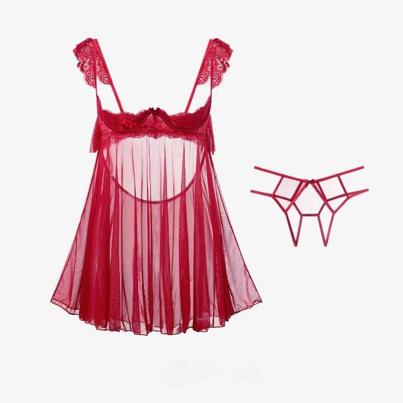 Erotic Lingerie Female Temptation Babydoll Open Gear Free Crotch Sling Lace Nightgown See-through Pajamas Porn Suits