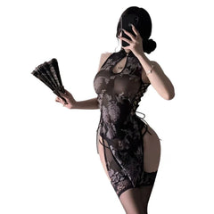 Lingerie Printed Cheongsam High Slit Retro Hollow Traditional Improve Perspective Porno Costumes
