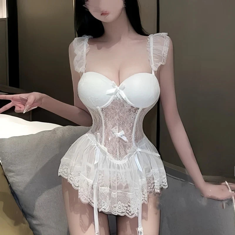 Porno Lingerie Lace Mesh Steel Ring Bra Vest Skirt Hollow Backless Set