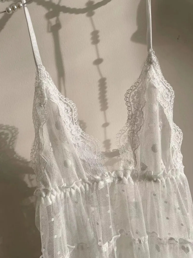 Cute Lingerie Gauze Lace Pajamas Sling Nightgown Panties Deep V-Neck Sleepwear Dot Strap