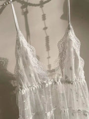 Cute Lingerie Gauze Lace Pajamas Sling Nightgown Panties Deep V-Neck Sleepwear Dot Strap