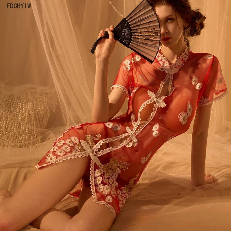 Cheongsam Lingerie Skirt Pure Desire Temptation Passion Perspective Tradition Embroidery 5color