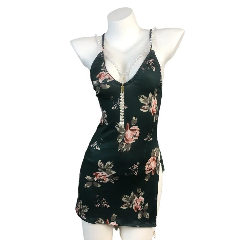 Ancient Cheongsam Skirt High Waisted Slit Pearl Slim Lingerie