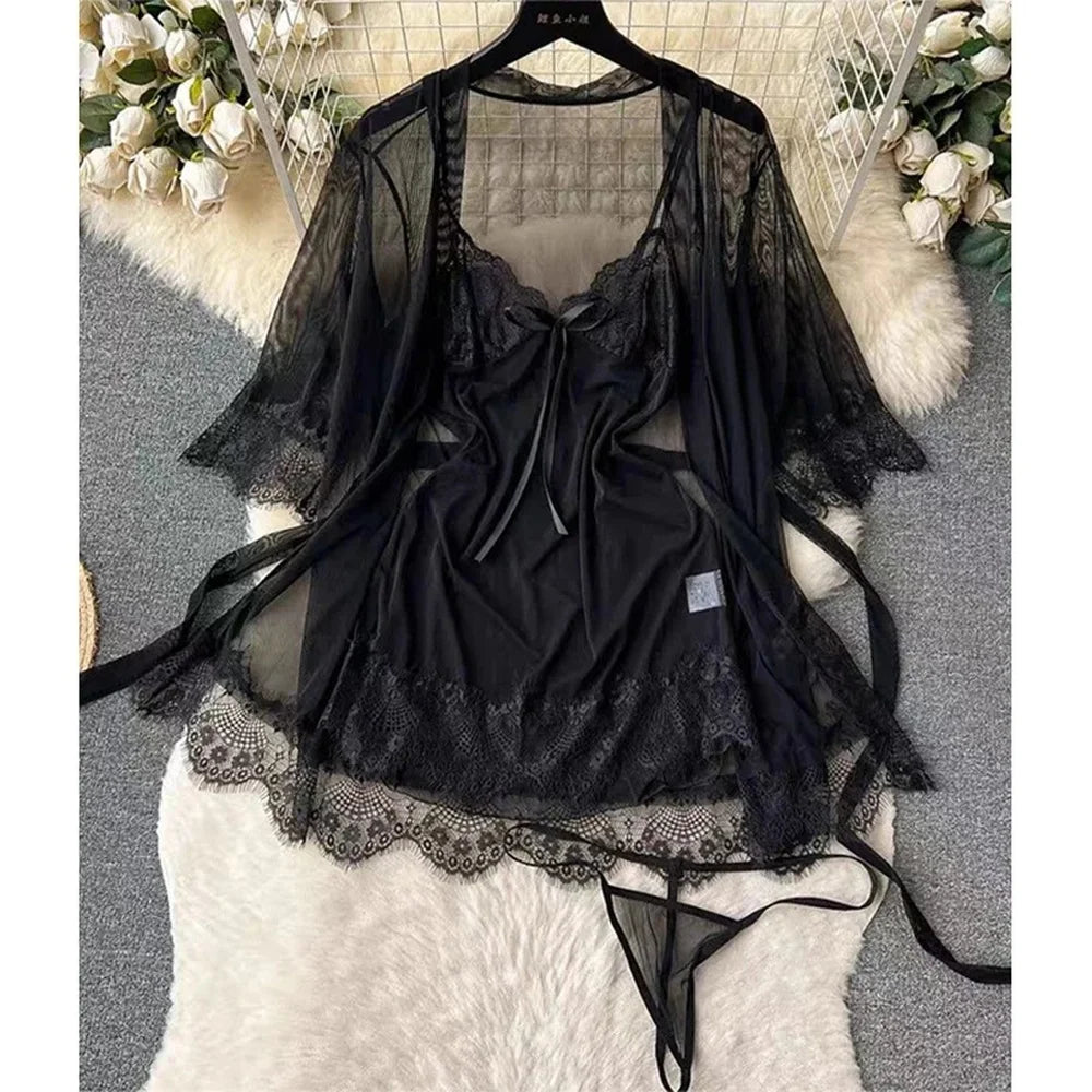 Halter Butterfly Lace Satin Nightgown Irregular Hem Homewear