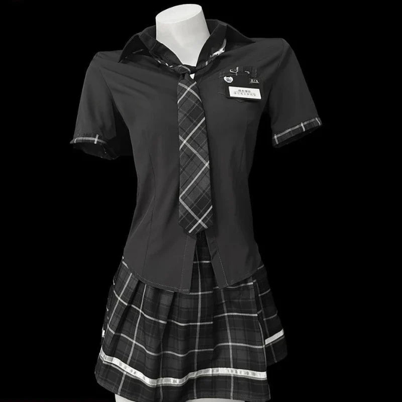Cosplay Student Temptation Nightclub Party Short Sleeved Top Pleated Plaid Skirt Set
