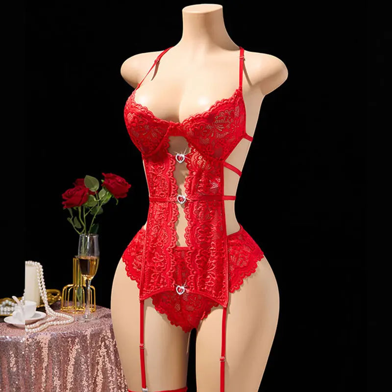 Garter Lingerie Spaghetti Strap Wire-free Bra Crotchless Bodysuit Sheer Lace Babydoll Underwear 2 Piece Sets