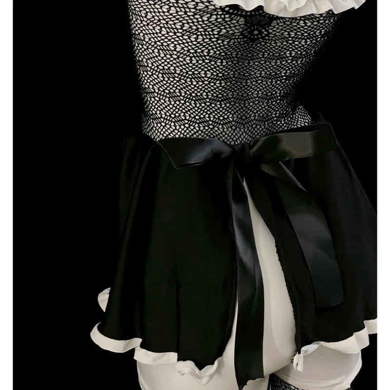 Erotic Cat Lingerie Maid Costumes Tube Top Net Hollow Back Split Sweet Bow Hollow Nightgowns Cosplay Dress