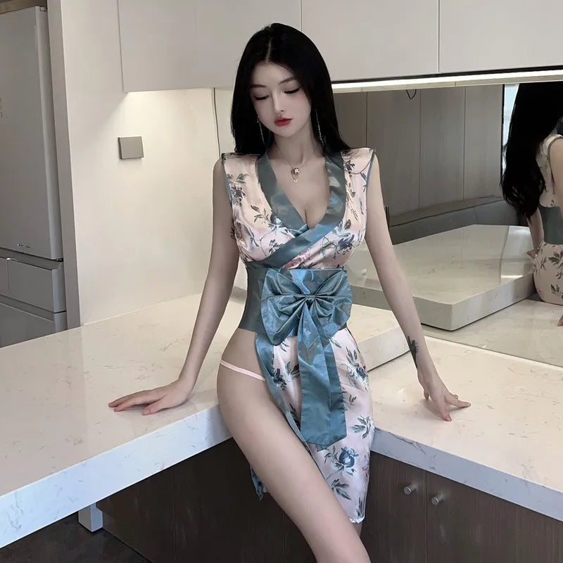 Cosplay Kimono V-neck Sleeveless Belt Skirt Mixed Colors Nightgown Floral NightBathrobe Sleepwear Set