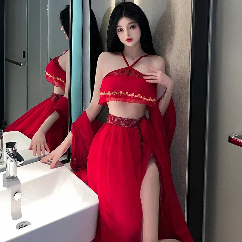 Cosplay Bride Wedding Red Traditional Temptation Hanfu Shawl Top Long Skirt Set