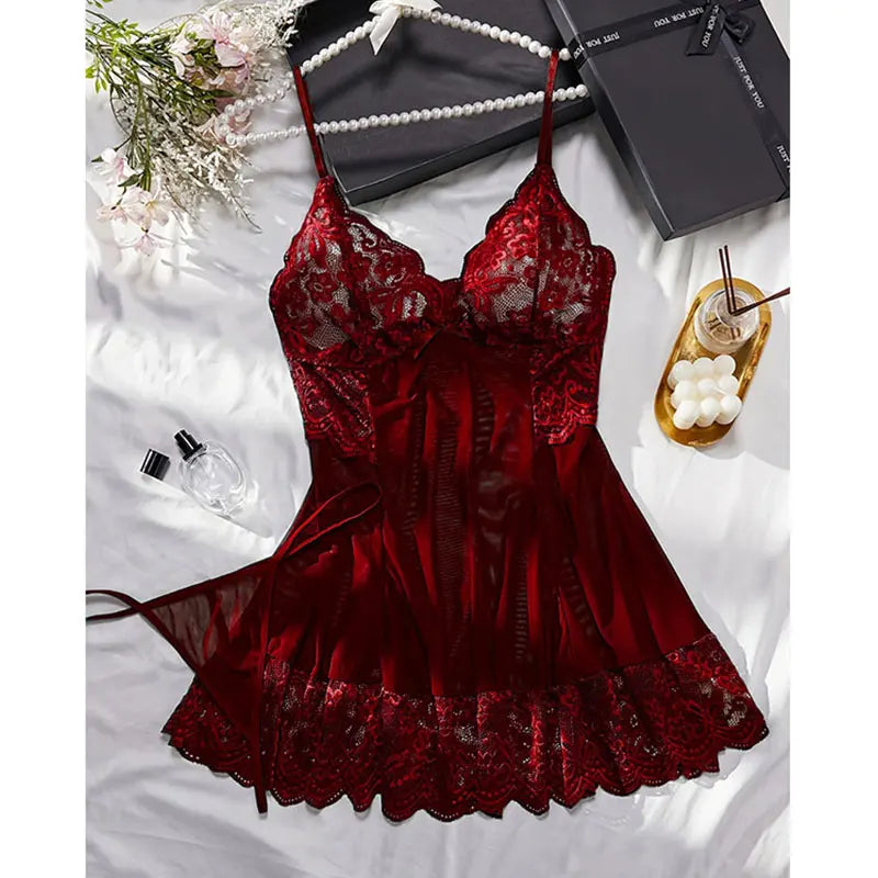 Halter Nightgown Transparent Red Lingerie Female Pajamas Tulle Comfortable Night Pajama G-string Set