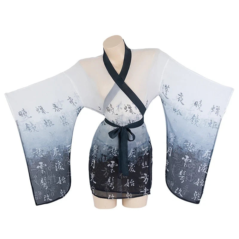 See Through Porno Kimono Lingerie Perspective Bathrobe Pajama Temptation Nightwear Long Sleeve Robes Mesh Nightgown